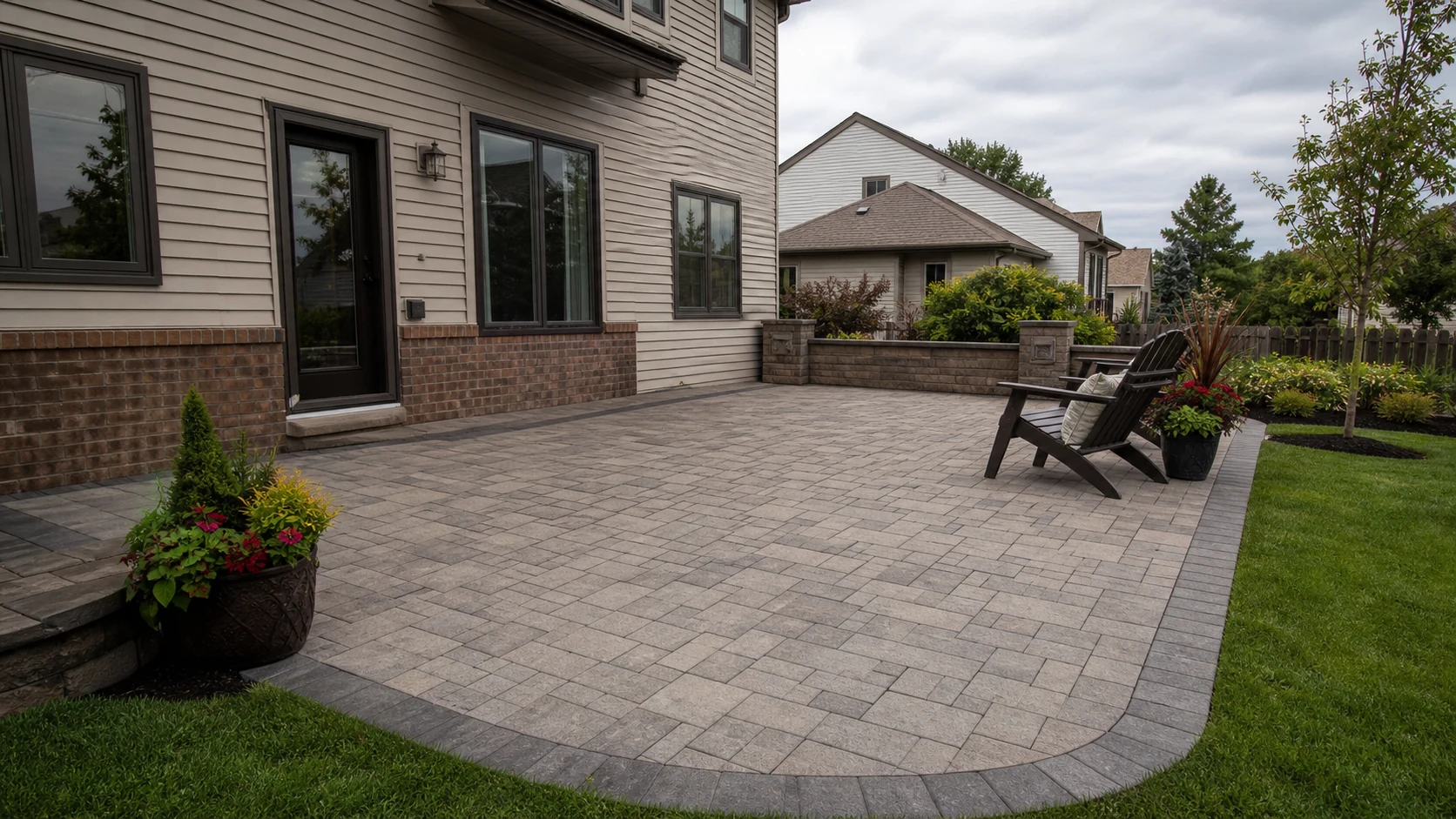 New completed paver patio installation Lorain Ohio Lorain County level fresh hardscape soldier course border residential
